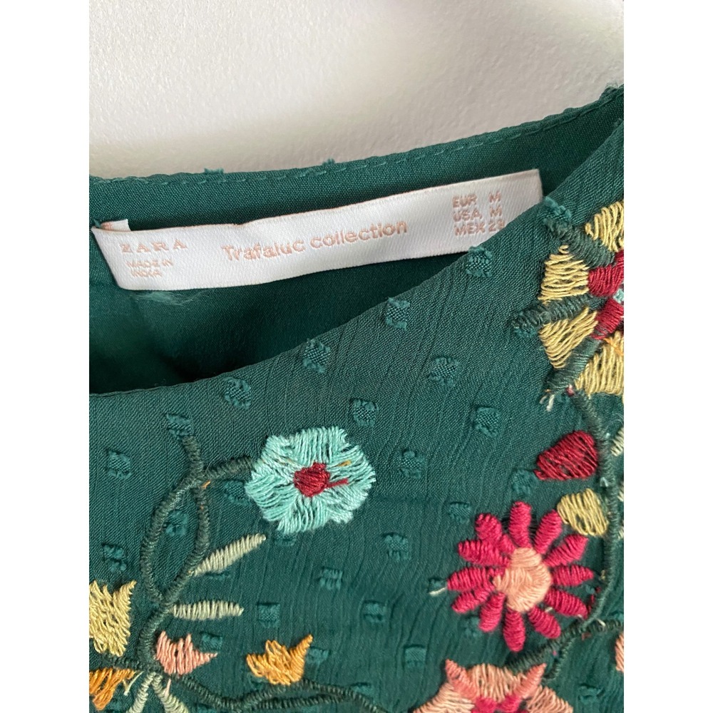 Zara Trafaluc Green Embroidered Floral Swiss Dot Boho Mini Dress Womens Medium - Picture 3 of 5